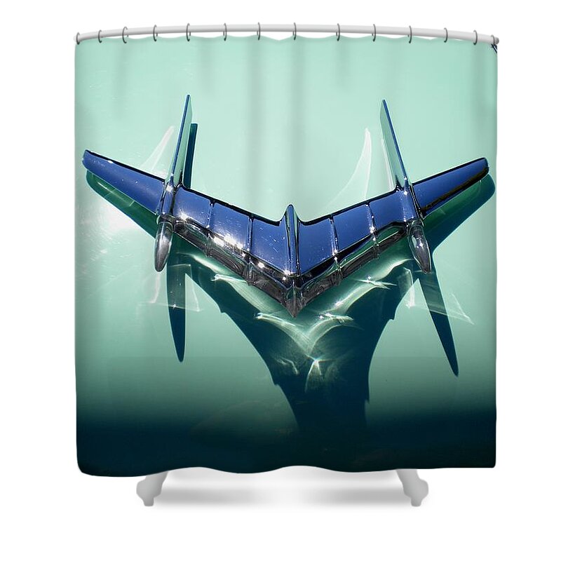 Hood Ornament Shower Curtain featuring the painting 1956 Pontiac Chieftain by Renate Wesley