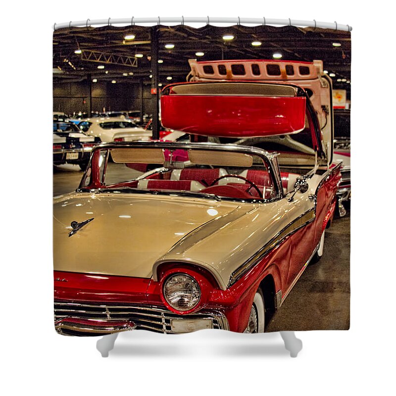 1957 Shower Curtain featuring the photograph 1957 Ford Fairlane Retractable Hardtop Lucy by Douglas Barnard