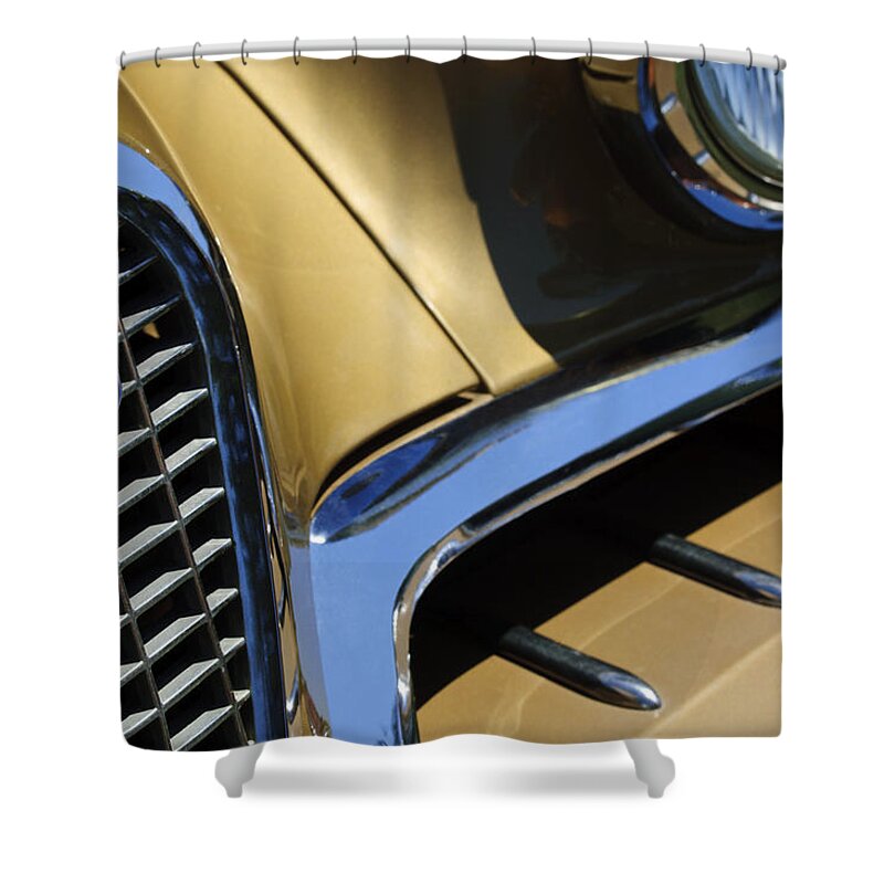 1957 Studebaker Golden Hawk Hardtop Shower Curtain featuring the photograph 1957 Studebaker Golden Hawk Hardtop Grille Emblem by Jill Reger