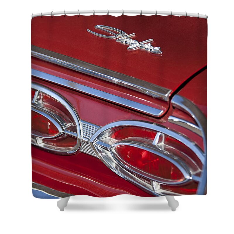 1962 Oldsmobile Starfire Hardtop Shower Curtain featuring the photograph 1962 Oldsmobile Starfire Hardtop Taillights and Emblems by Jill Reger