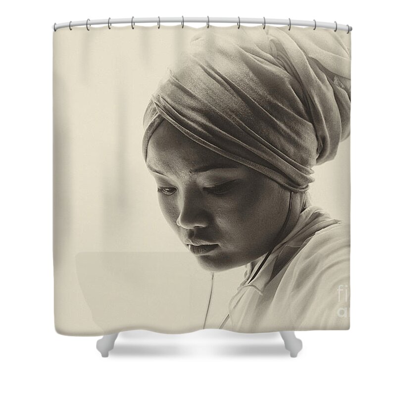 Pensive Young Woman Shower Curtain featuring the photograph Deep in thought by Sheila Smart Fine Art Photography
