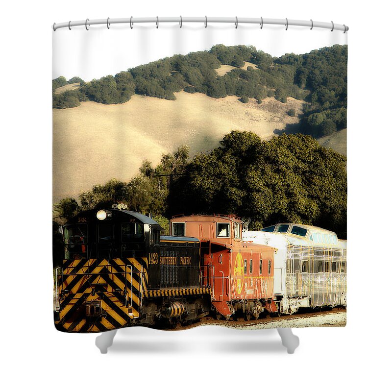 Dreamy Shower Curtain featuring the photograph Historic Niles Trains in California . Old Southern Pacific Locomotive and Sante Fe Caboose . 7D10819 #2 by Wingsdomain Art and Photography