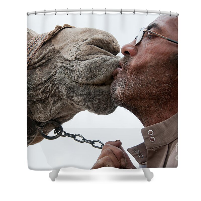 Africa Shower Curtain featuring the digital art Man with his Camel #2 by Carol Ailles