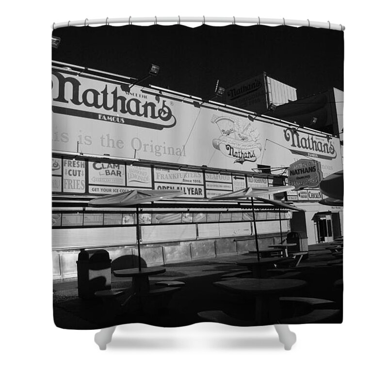 Brooklyn Shower Curtain featuring the photograph NATHAN'S FAMOUS in BLACK AND WHITE #2 by Rob Hans