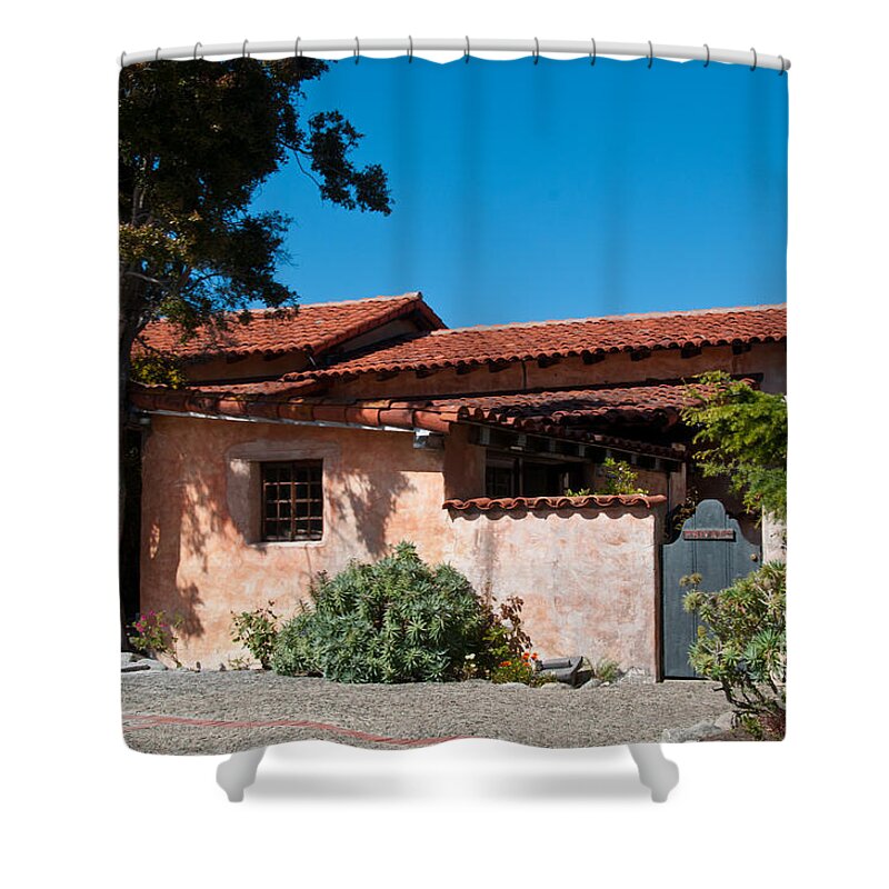 Landscape Shower Curtain featuring the digital art Gardens in Carmel Monastery #22 by Carol Ailles