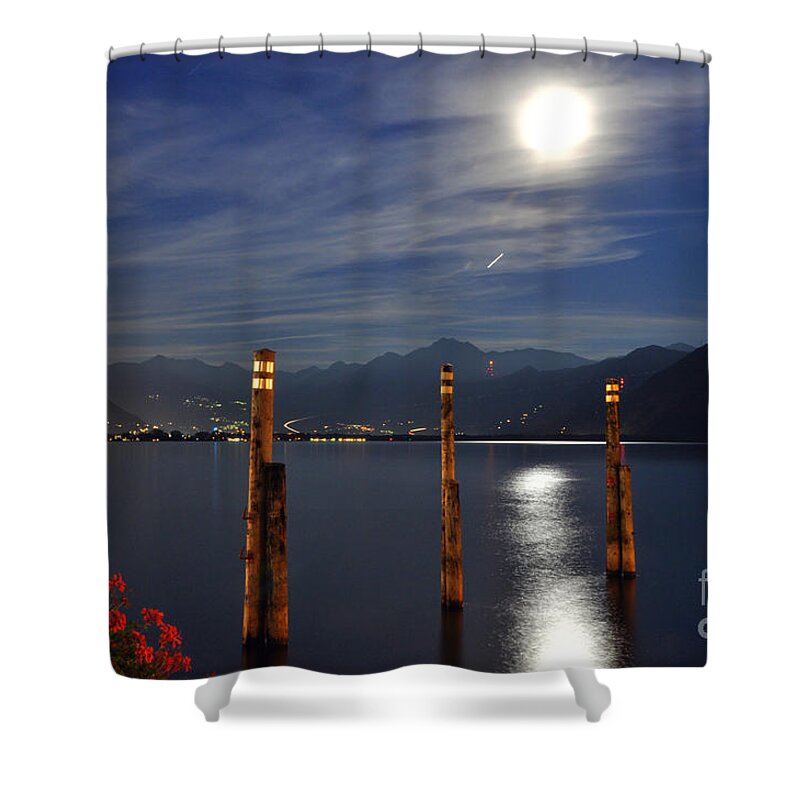 Moon Shower Curtain featuring the photograph Moon light over an alpine lake #3 by Mats Silvan