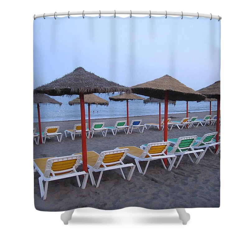 Umbrella Shower Curtain featuring the photograph Beach Umbrellas and Chairs Costa Del Sol Spain #4 by John Shiron