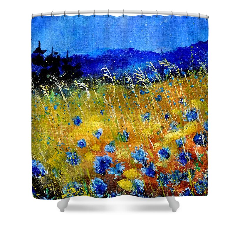 Flowers Shower Curtain featuring the painting Blue cornflowers by Pol Ledent