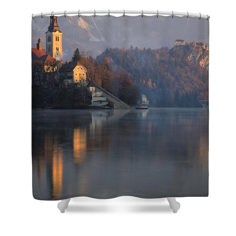 Bled Shower Curtain featuring the photograph Dawn breaks over Lake Bled #4 by Ian Middleton