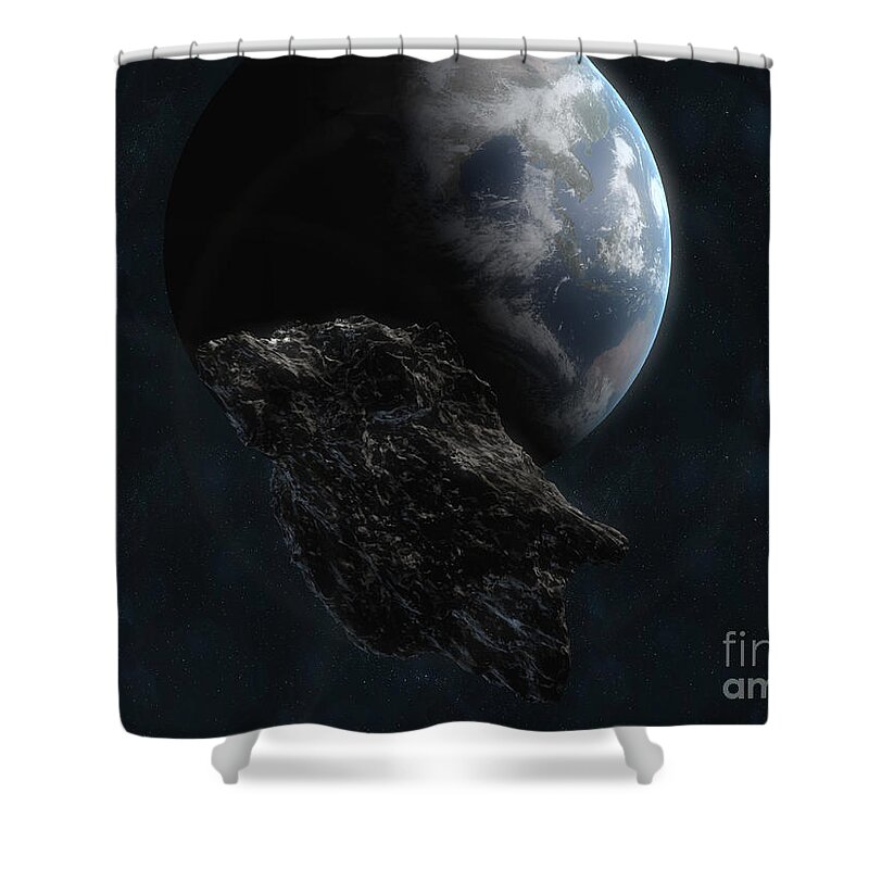 Horizontal Shower Curtain featuring the digital art Asteroid In Front Of The Earth #5 by Carbon Lotus