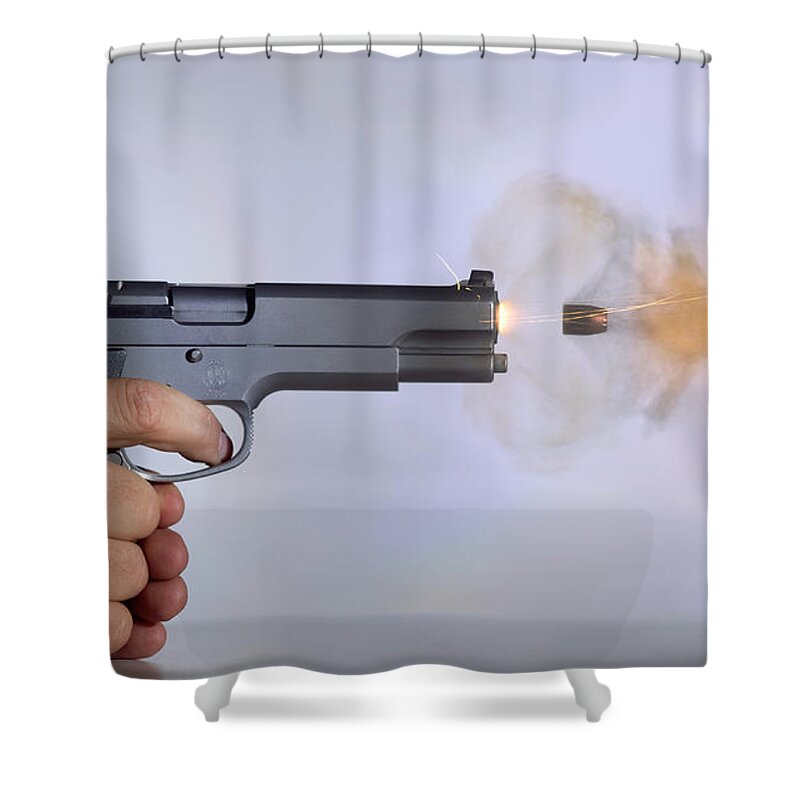 Bullet Shower Curtain featuring the photograph Handgun And .45 Caliber Bullet #6 by Ted Kinsman