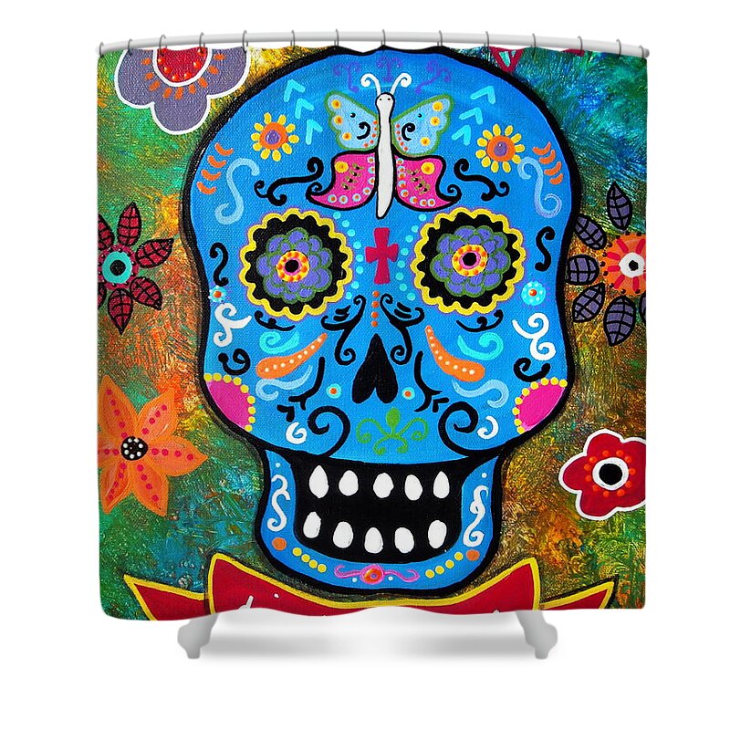 Day Of The Dead Shower Curtain featuring the painting Talavera Skull #6 by Pristine Cartera Turkus