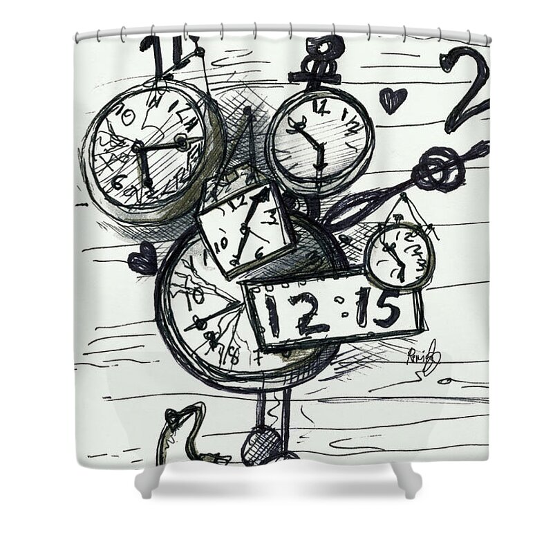 Time Shower Curtain featuring the drawing Broken Clocks by Rene Capone