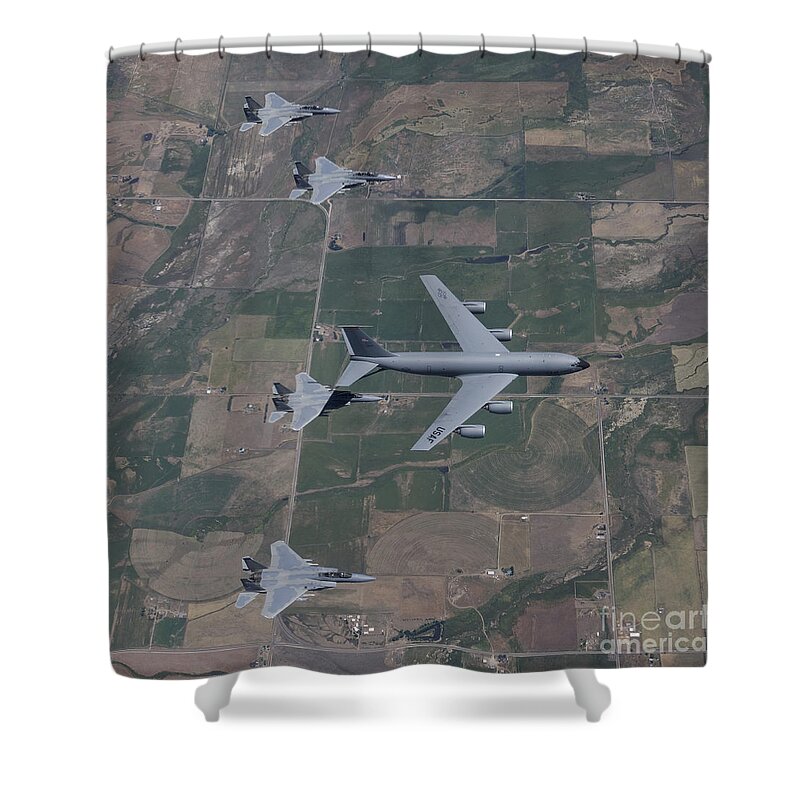 Color Image Shower Curtain featuring the photograph A Kc-135r Stratotanker Refuels Four by HIGH-G Productions