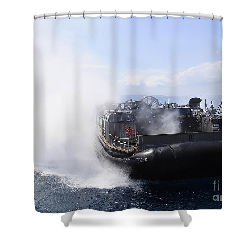 Us Navy Shower Curtain featuring the photograph A Landing Craft Air Cushion Travels by Stocktrek Images