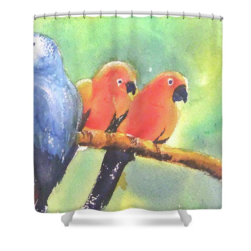 Birds Shower Curtain featuring the painting A New Slant on Life by Debbie Lewis