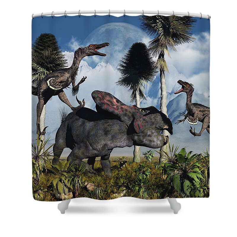 Digitally Generated Image Shower Curtain featuring the digital art A Pair Of Velociraptors Attack A Lone by Mark Stevenson