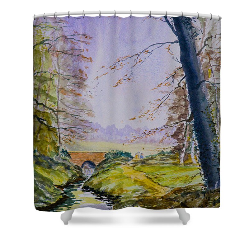 Tree Shower Curtain featuring the painting A River Flows Gently by Rob Hemphill