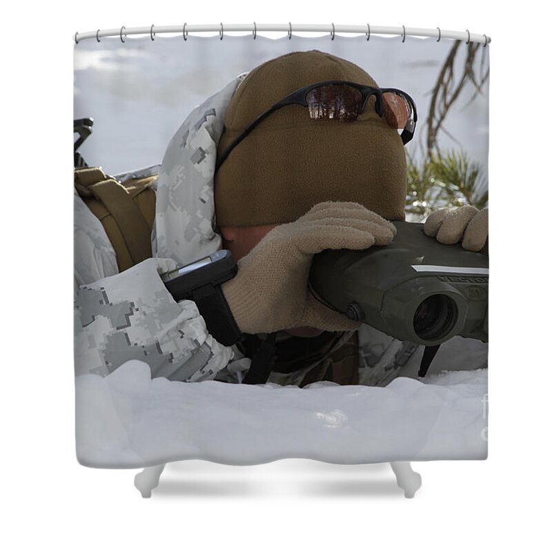 Sunglasses Shower Curtain featuring the photograph A Scout Sniper Watches To See Any by Stocktrek Images