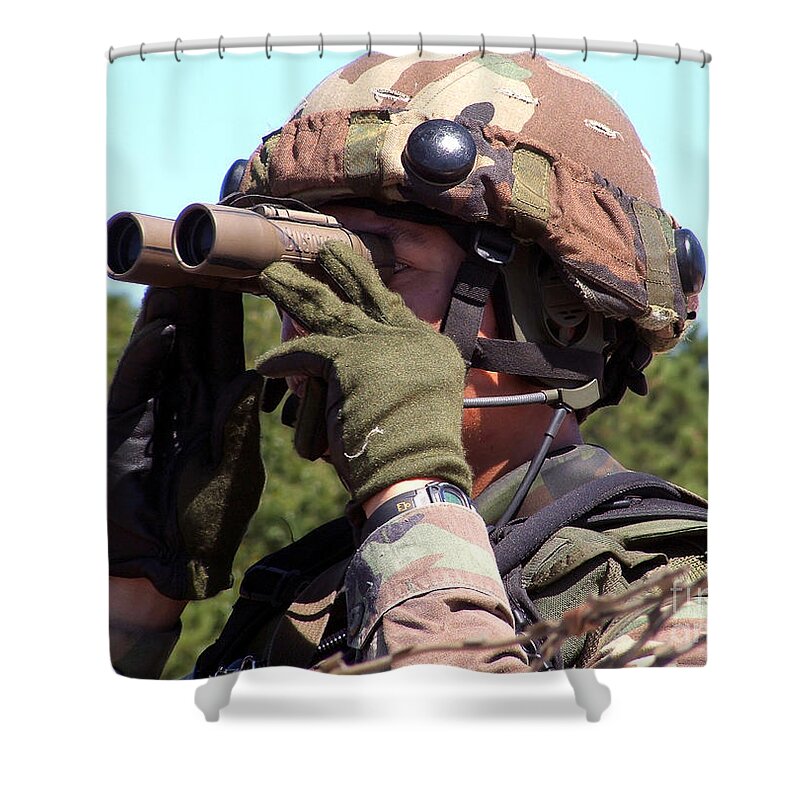 Horizontal Shower Curtain featuring the photograph A Soldier Scans An Area For Enemy by Stocktrek Images