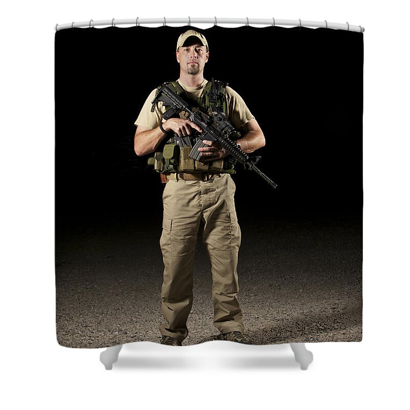 Equipment Shower Curtain featuring the photograph A U.s. Police Officer Contractor by Terry Moore
