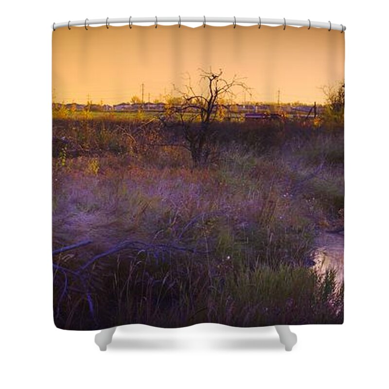 View Shower Curtain featuring the photograph Abandoned Shack At Sunset Near A Creek by Corey Hochachka