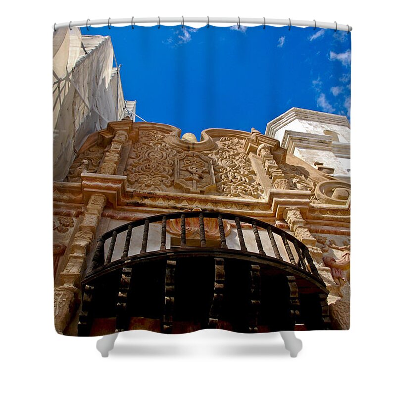San Xavier De Bac Mission Shower Curtain featuring the photograph Above the front entry San Xavier Mission by Jon Berghoff