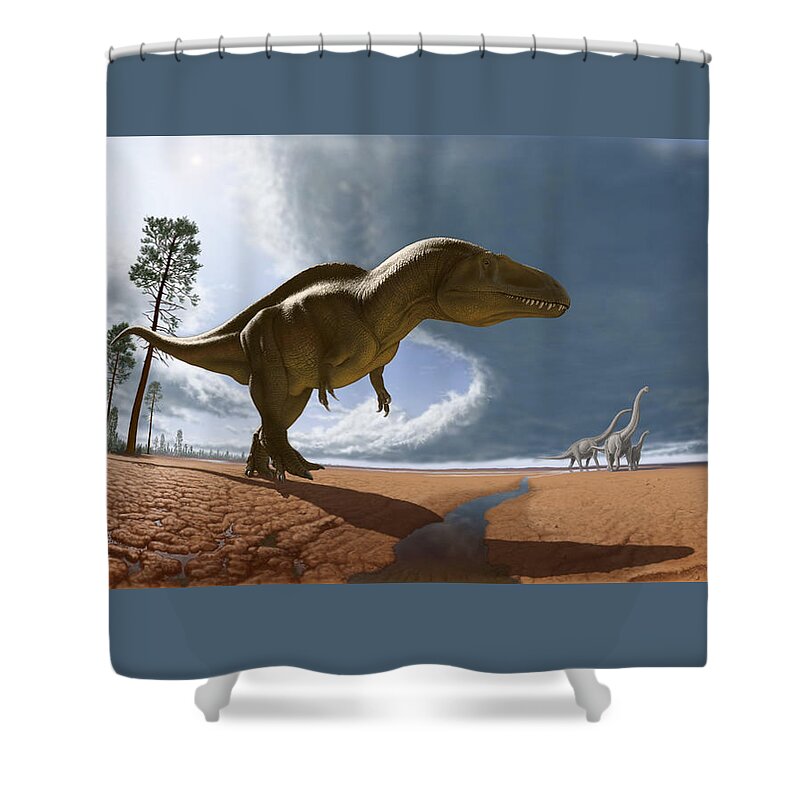 Paleoart Shower Curtain featuring the digital art Acrocanthosaurus by Julius Csotonyi