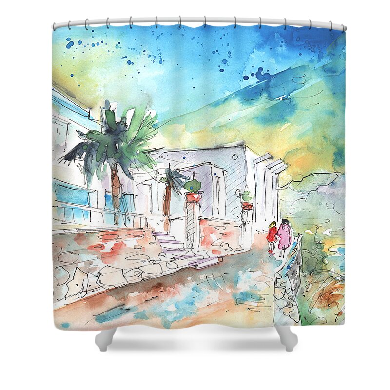 Travel Sketch Shower Curtain featuring the painting Agia Galini 02 by Miki De Goodaboom