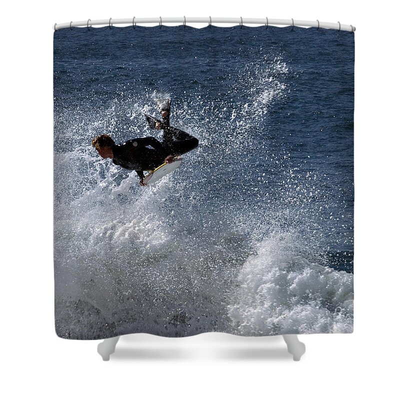 Ocean Shower Curtain featuring the photograph Airborne At The Wedge by Joe Schofield