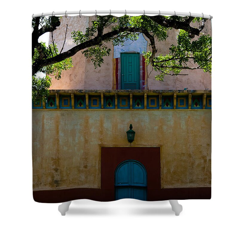 Alhambra Water Tower Shower Curtain featuring the photograph Alhambra Water Tower Doors by Ed Gleichman