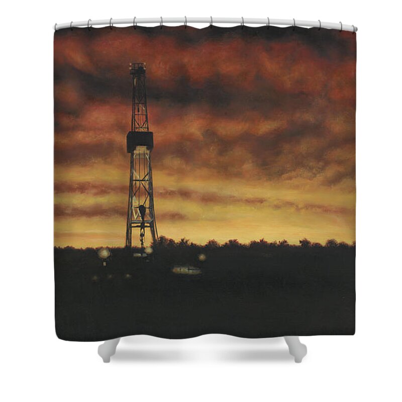 Drilling Rig In Sunset Shower Curtain featuring the painting All Lit Up by Tammy Taylor