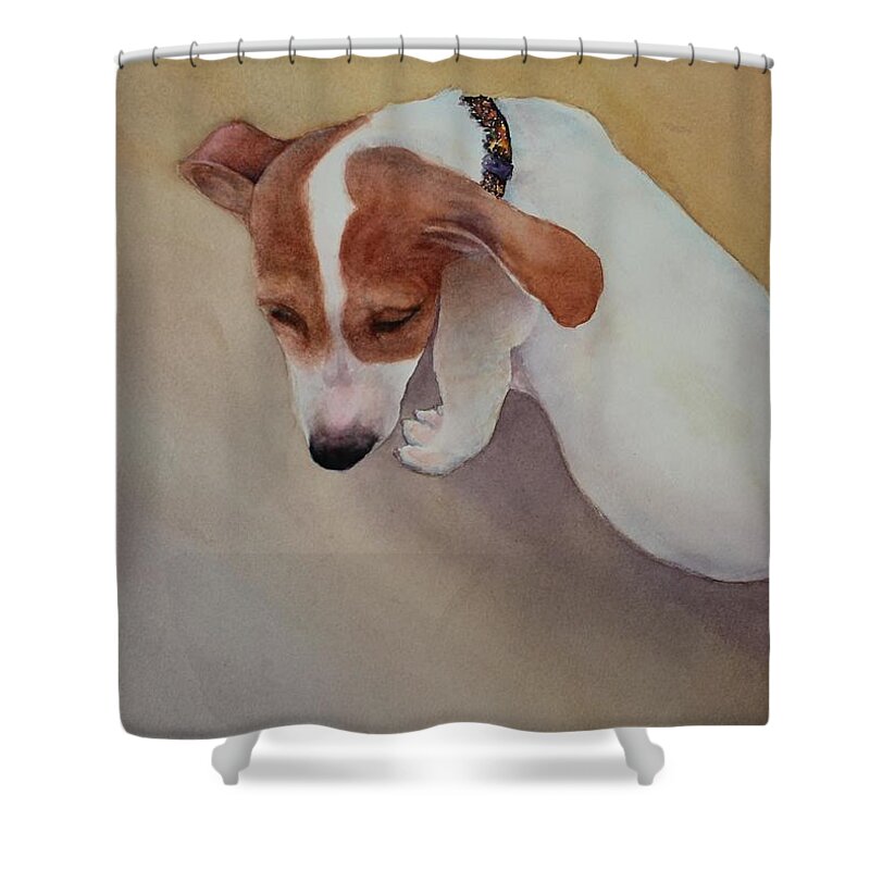 Puppy Shower Curtain featuring the painting All Played Out by Ruth Kamenev