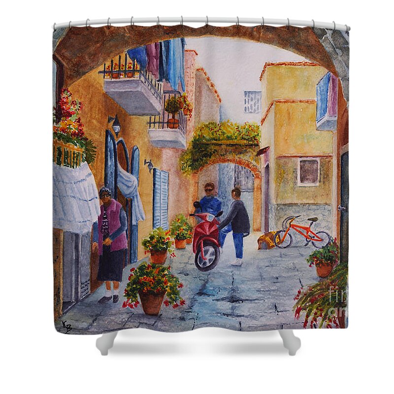 Arch Shower Curtain featuring the painting Alley Chat by Karen Fleschler