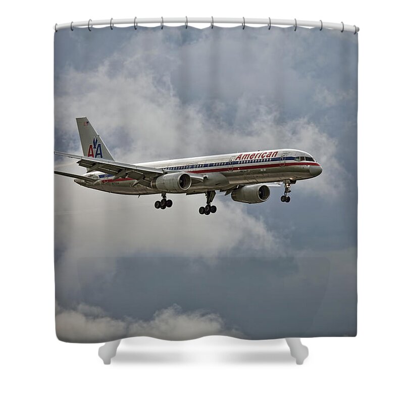 Aa Aircraft Landing Shower Curtain featuring the photograph American aircraft landing in the rain. Miami. FL. USA by Juan Carlos Ferro Duque