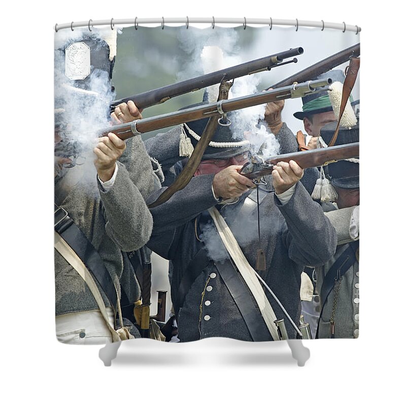 War Of 1812 Shower Curtain featuring the photograph American Infantry Firing by JT Lewis