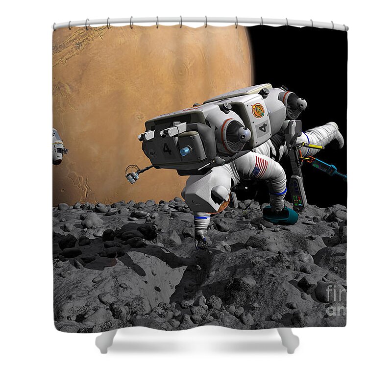 Astronautics Shower Curtain featuring the digital art An Astronaut Makes First Human Contact by Walter Myers