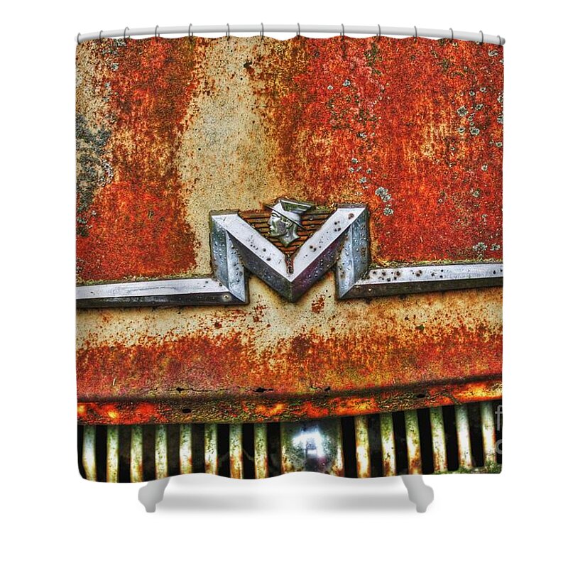 Old Shower Curtain featuring the photograph Antique Mercury Auto Logo by Dan Stone
