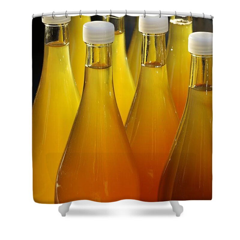 Bottles Shower Curtain featuring the photograph Apple juice in bottles by Matthias Hauser