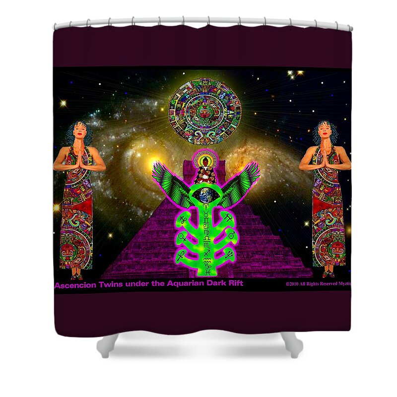 2012 Mayan Calendar Shower Curtain featuring the mixed media Ascencion Twins under the Aquarian Dark Rift by Myztico Campo