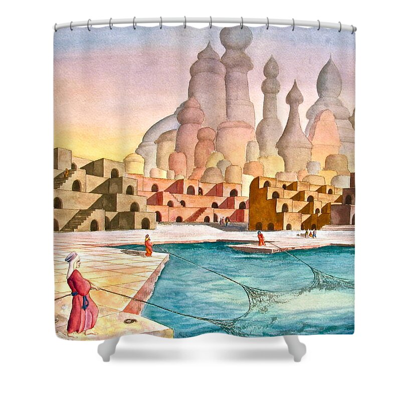 Atlantis Shower Curtain featuring the painting Atlantis Retrospect by Frank SantAgata