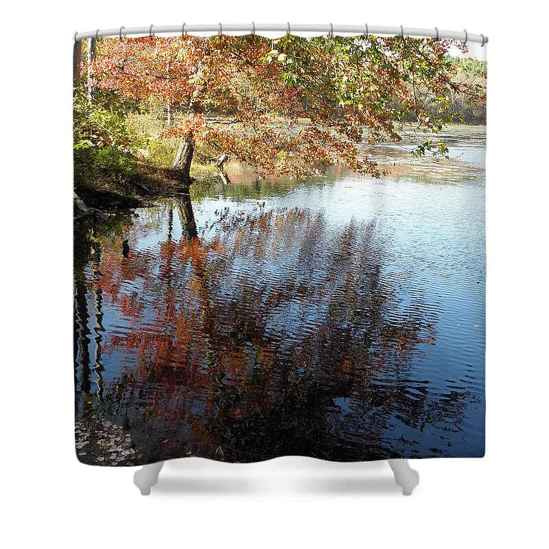 Autumn Shower Curtain featuring the photograph autumn reflections in CT by Kim Galluzzo