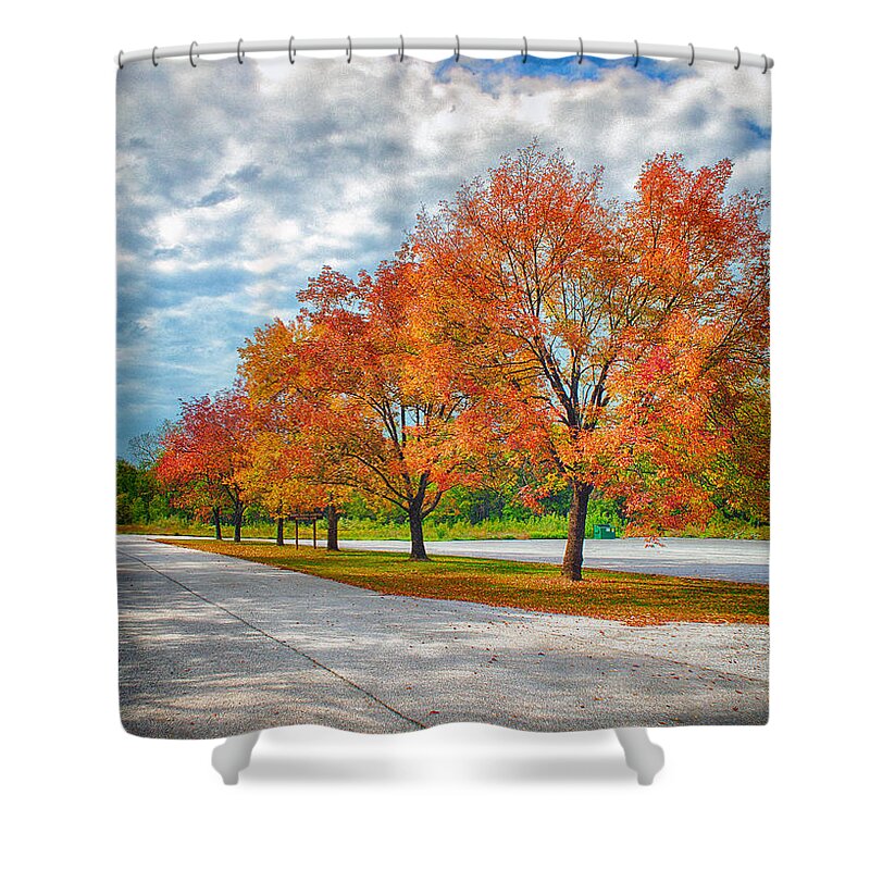Ahden Knight Hampton Memorial Lake Shower Curtain featuring the photograph Autumn Trees At Busch by Bill and Linda Tiepelman