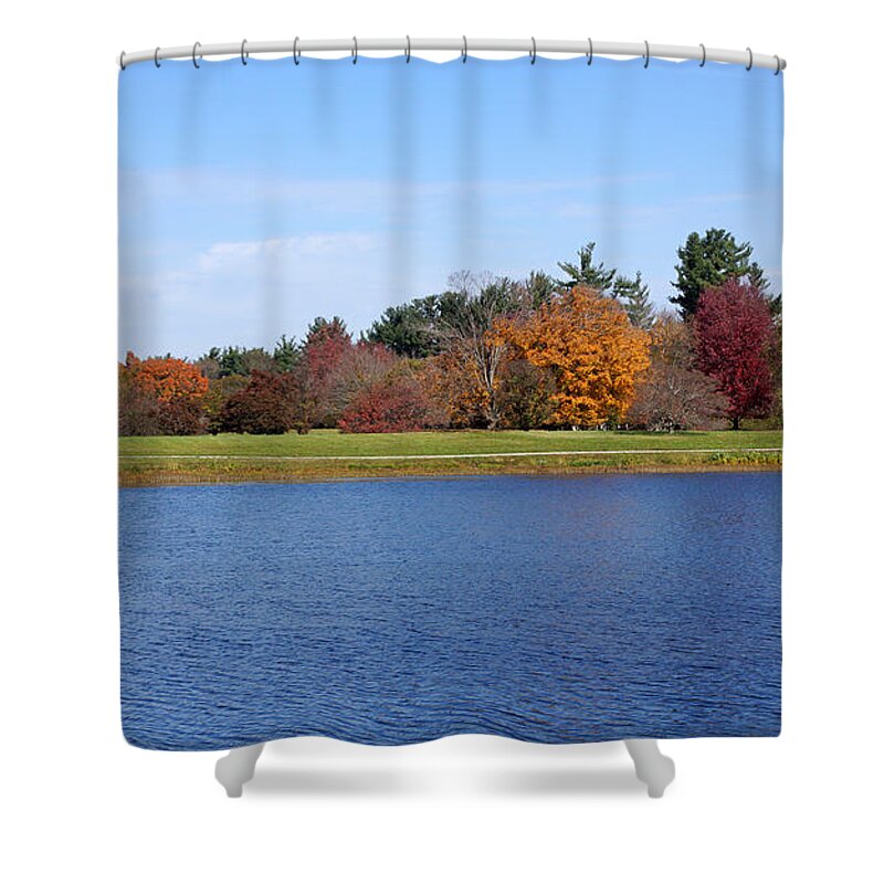 Bernheim Arboretum Shower Curtain featuring the photograph Autumn Trees by the Lake by Sandy Keeton