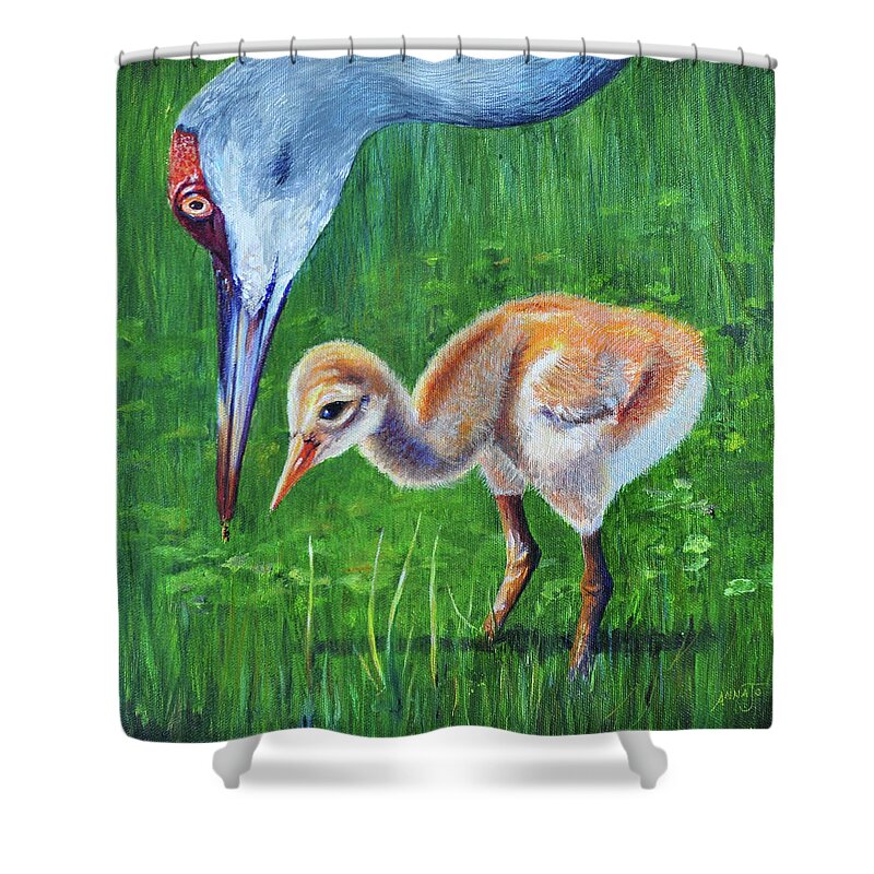 Wildlife Shower Curtain featuring the painting Baby Crane's lesson by AnnaJo Vahle