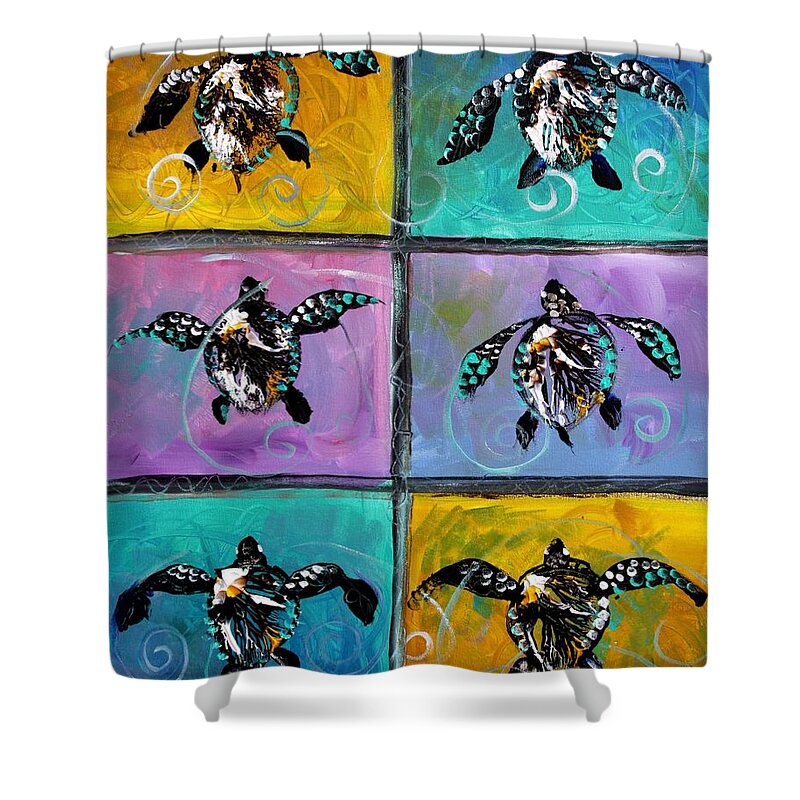 Sea Turtles Shower Curtain featuring the painting Baby Sea Turtles Six by J Vincent Scarpace