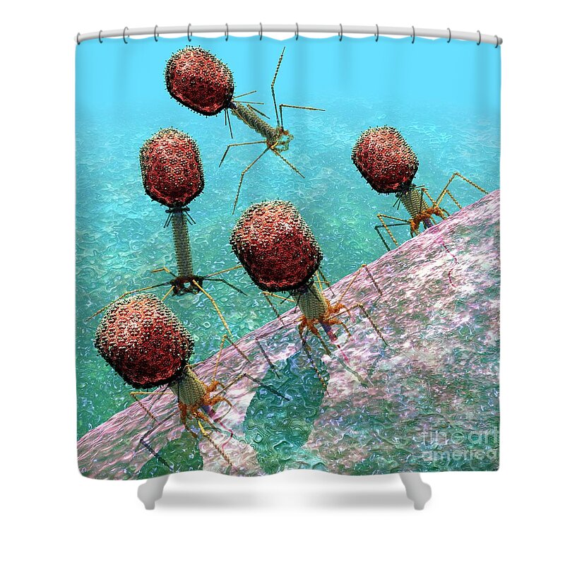 Bacteria Shower Curtain featuring the digital art Bacteriophage T4 virus group 1 by Russell Kightley