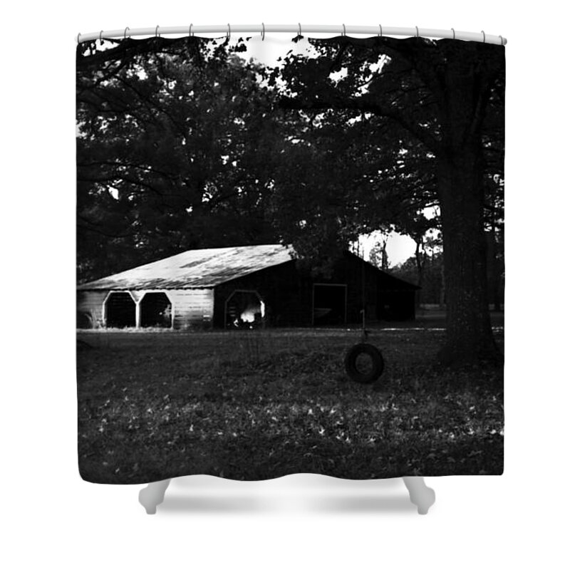 Louisiana Shower Curtain featuring the photograph Barn And Tire Swing by Doug Duffey