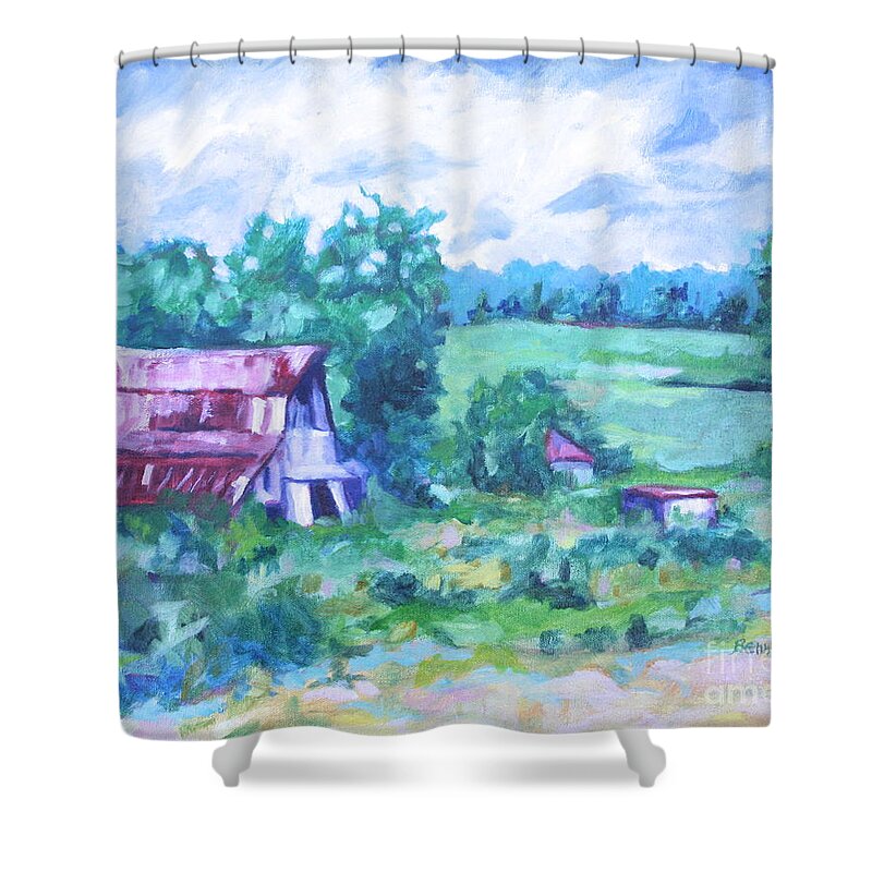 Landscape Shower Curtain featuring the painting Barn by Jan Bennicoff