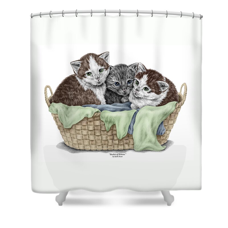 Cat Shower Curtain featuring the drawing Basket of Kittens - Cats Art Print color tinted by Kelli Swan
